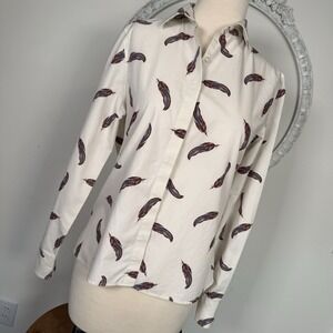 Lands End Womens No Iron Supima Button Up Shirt Blue Brown Bird Feather Office 6